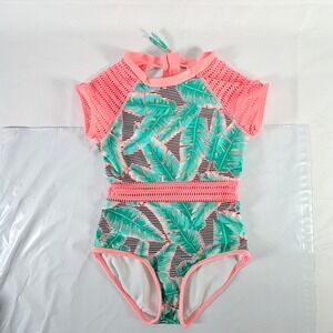 Girls Palm‎ Leaf One Piece Rash Guard Swimsuit Pink Mesh Green